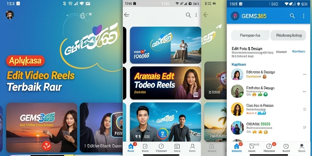 Screenshot antarmuka GEMS365 yang menunjukkan fitur editing Video Reels.