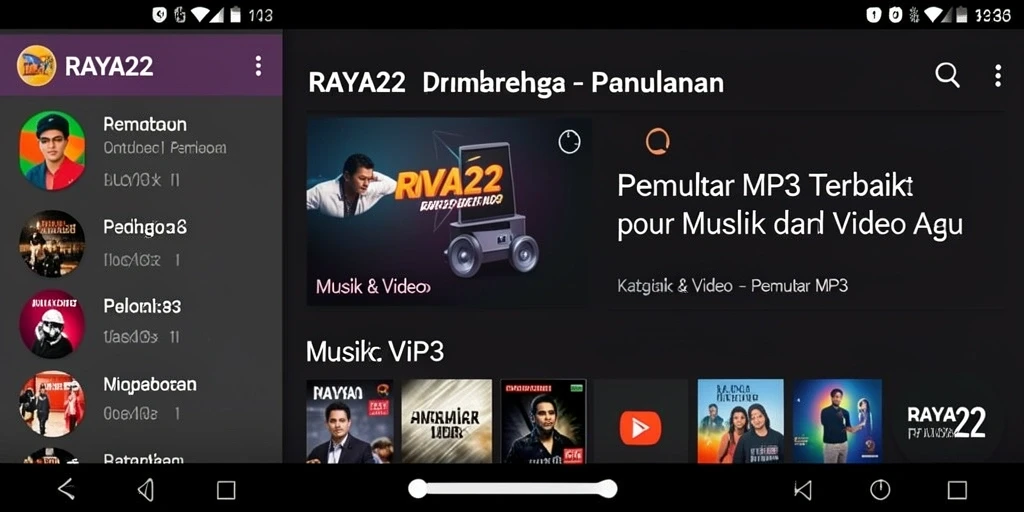 Antarmuka RAYA22 menampilkan pemutar MP3 yang modern dan mudah digunakan.