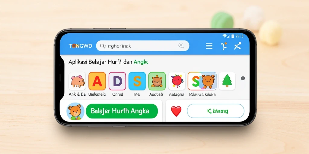 Antarmuka TONGWD menampilkan warna cerah dan fitur interaktif untuk belajar huruf dan angka.